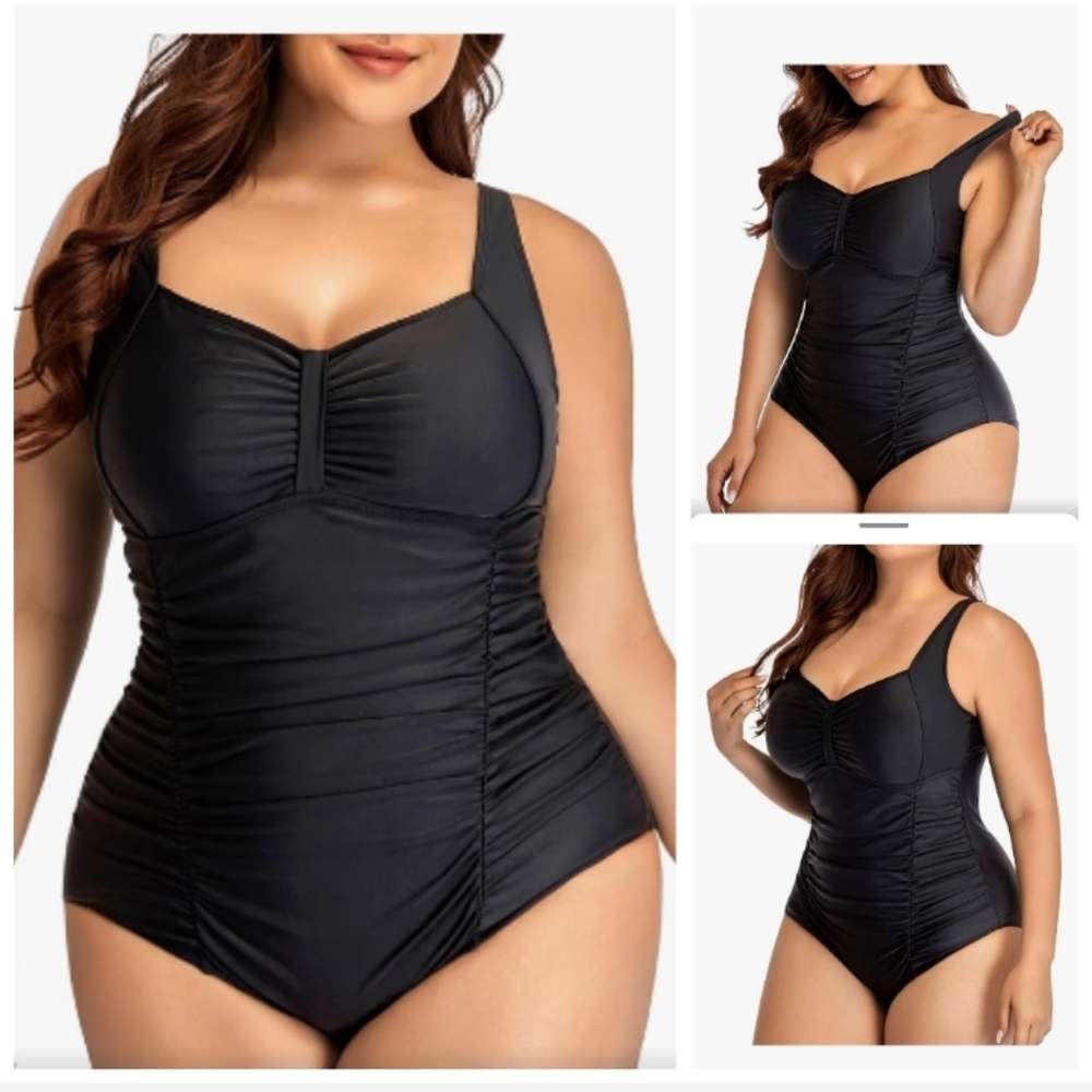 Daci Plus Size One Piece Swimsuit Tummy Control Retro Ruched Vintage. Size L